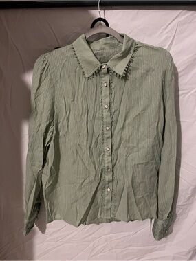 Pale Sage Button-Front shirt with Skirt with Delicate Trim